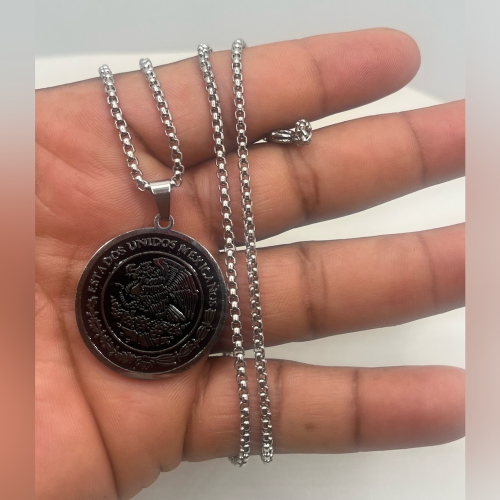 Stainless steel Silver Chain Necklace with Coin Pendant unisex